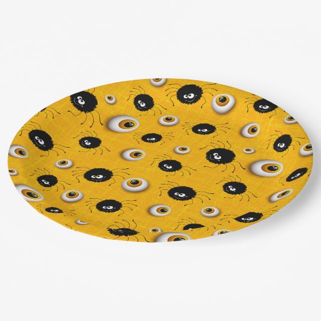 Halloween Spooky Eyeballs And Creepy Spider Yellow Paper Plates (Angled)
