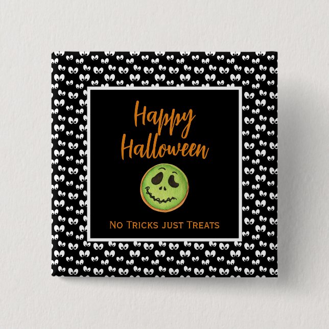 Halloween spooky eyes green cookie no tricks button (Front)