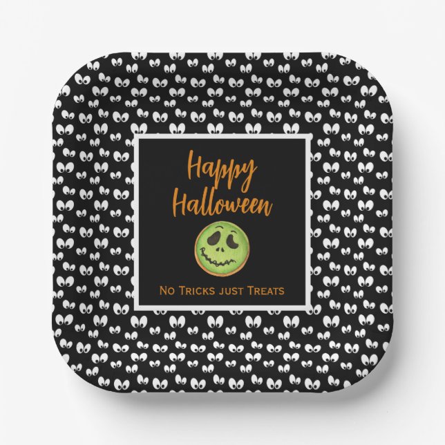 Halloween spooky eyes green cookie no tricks paper plates (Front)