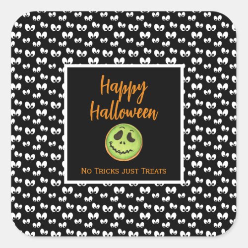 Halloween spooky eyes green cookie no tricks square sticker