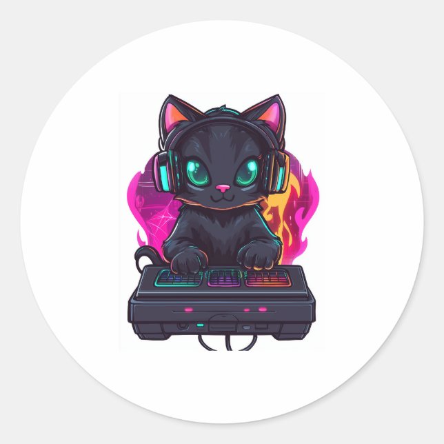 Halloween Spooky Gamer Cat Classic Round Sticker (Front)