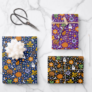 Halloween spooky ghost and orange pumpkins wrapping paper sheets