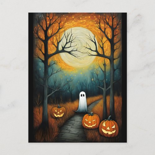 Halloween Spooky Ghost  Full Moon Creepy Pumpkin Postcard