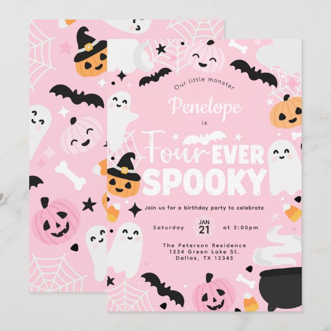 Halloween Spooky Ghost Pink 4th Birthday Party Invitation (Front/Back)