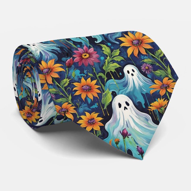 Halloween Spooky Ghosts and Flowers Neck Tie (Rolled)