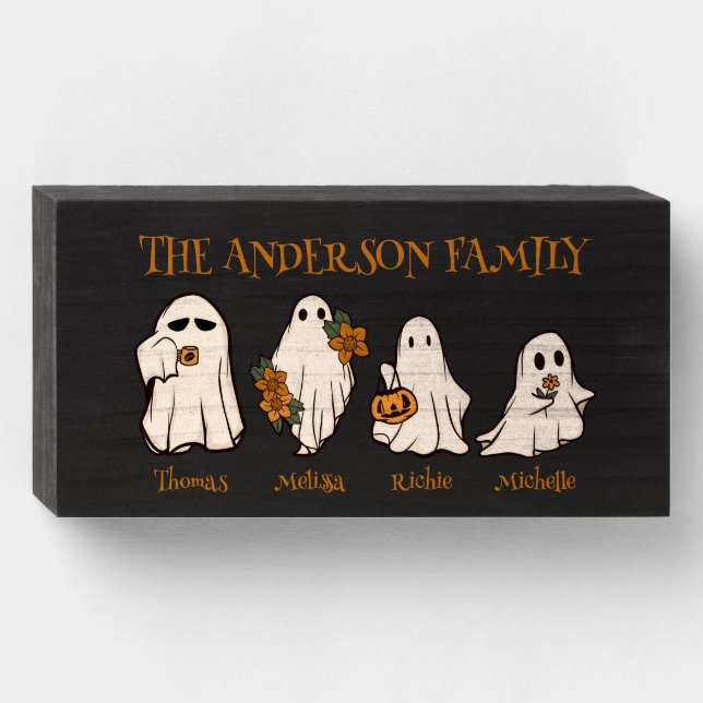 Halloween Spooky Ghosts Family Custom Names Black Wooden Box Sign (Front Horizontal)