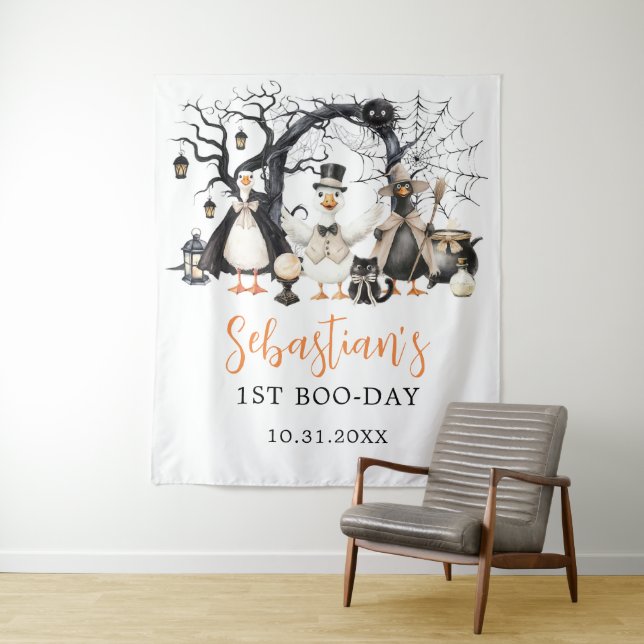 Halloween Spooky Goose 1st Birthday Party Tapestry (In Situ)