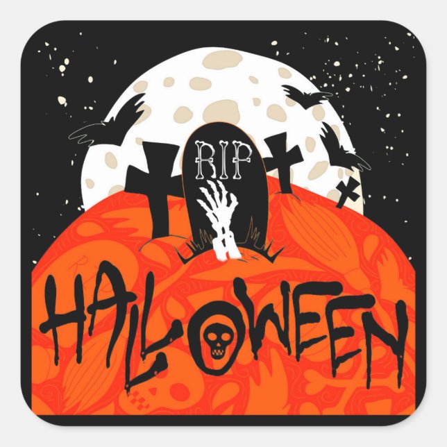 Halloween Spooky Graveyard Bats Zombie Moon Square Sticker (Front)