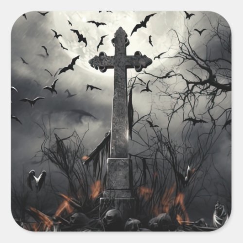 Halloween Spooky Graveyard Cemetery Gothic Square Sticker