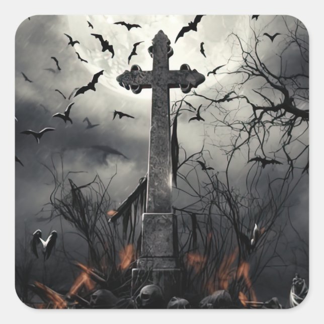 Halloween Spooky Graveyard Cemetery Gothic Square Sticker (Front)