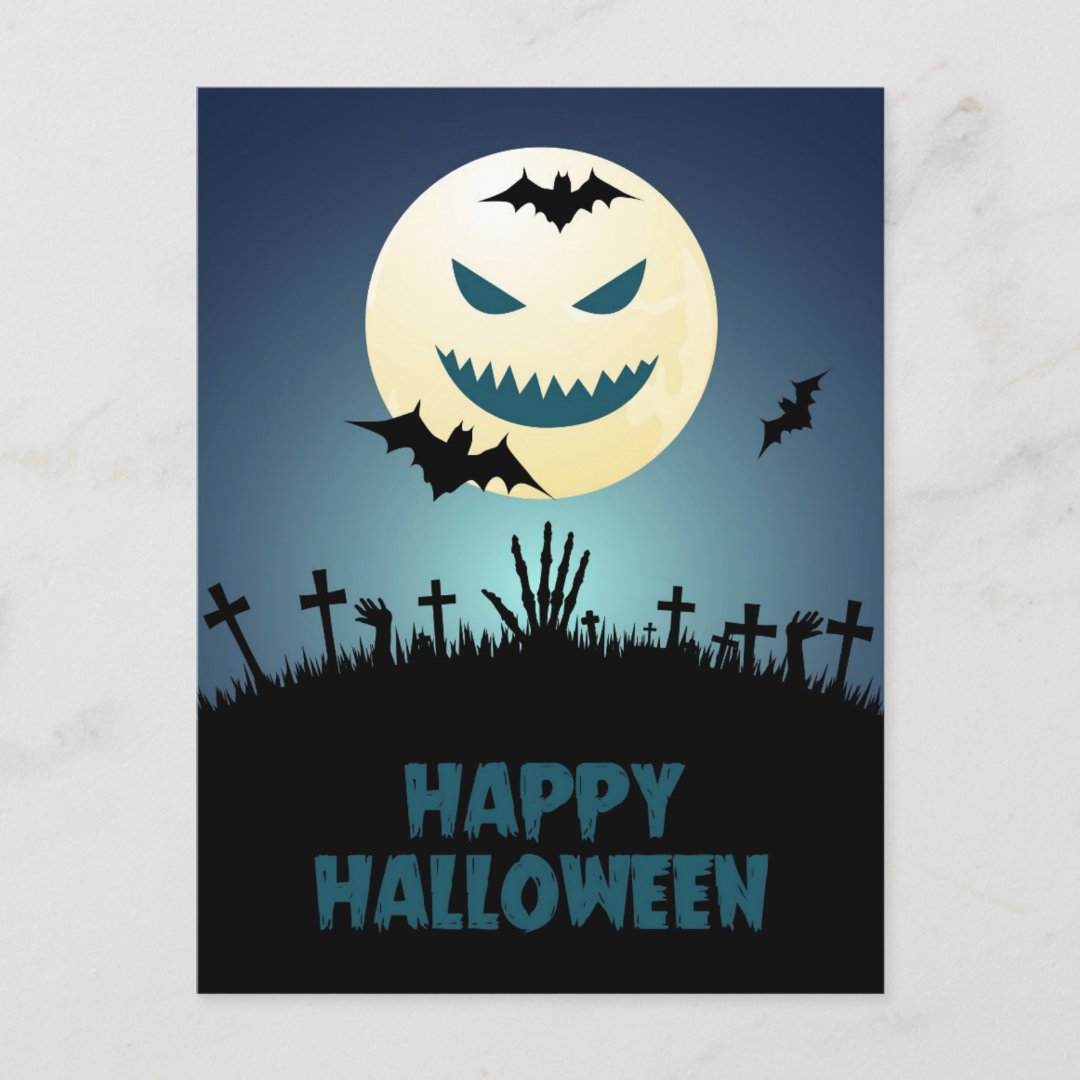 Halloween Spooky Graveyard Moon Bats Postcard | Zazzle