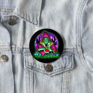 Halloween Spooky Green Witch Magic Hat Apple Button