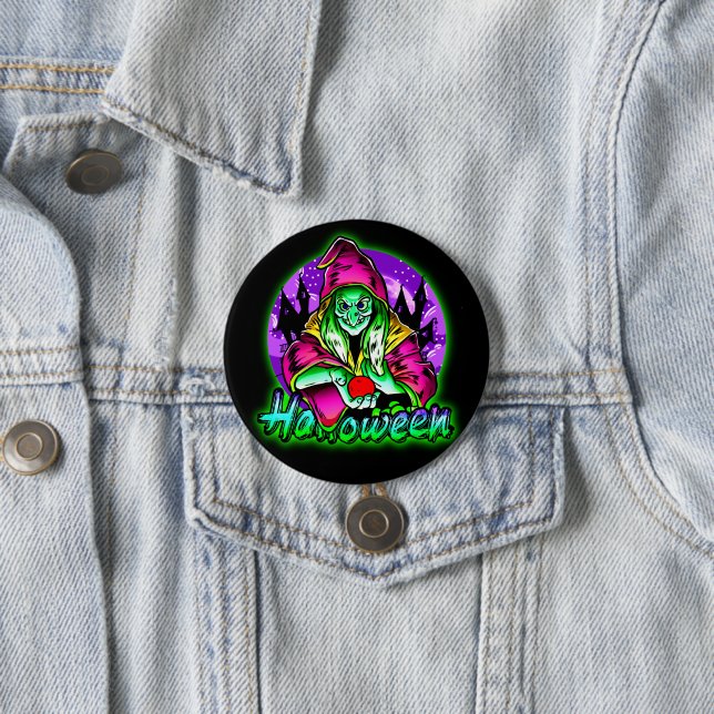 Halloween Spooky Green Witch Magic Hat Apple Button (In Situ)