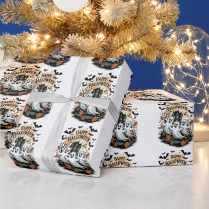 Halloween Spooky Haunted House Ghost and Bats Wrapping Paper