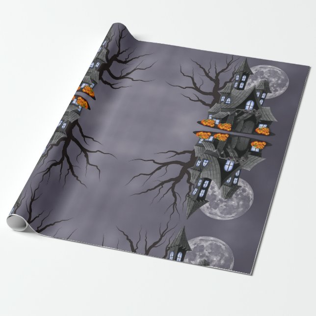 Halloween Spooky Haunted House & Pumpkin Wrapping Paper (Unrolled)