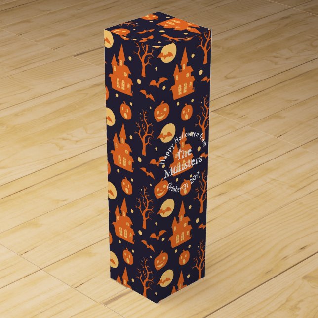 Halloween Spooky House Bats Trees Pumpkin Festive Wine Box (Front)