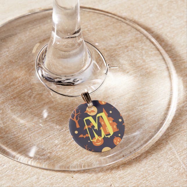 Halloween Spooky House Bats Trees Pumpkin Monogram Wine Glass Charm (In Situ)