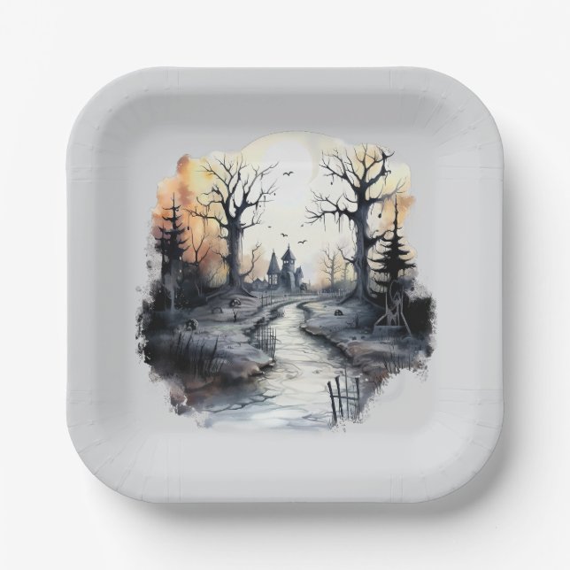 Halloween Spooky House Paper Plates (Front)
