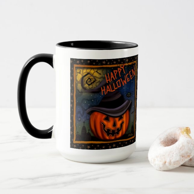 Halloween Spooky Jack O Lantern Customizable Mug (With Donut)
