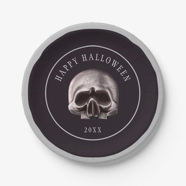 Halloween Spooky Metal Skull Custom Paper Plates (Front)