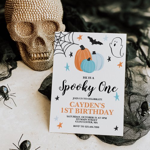 Halloween Spooky One 1st Birthday Blue Pumpkins In Invitation