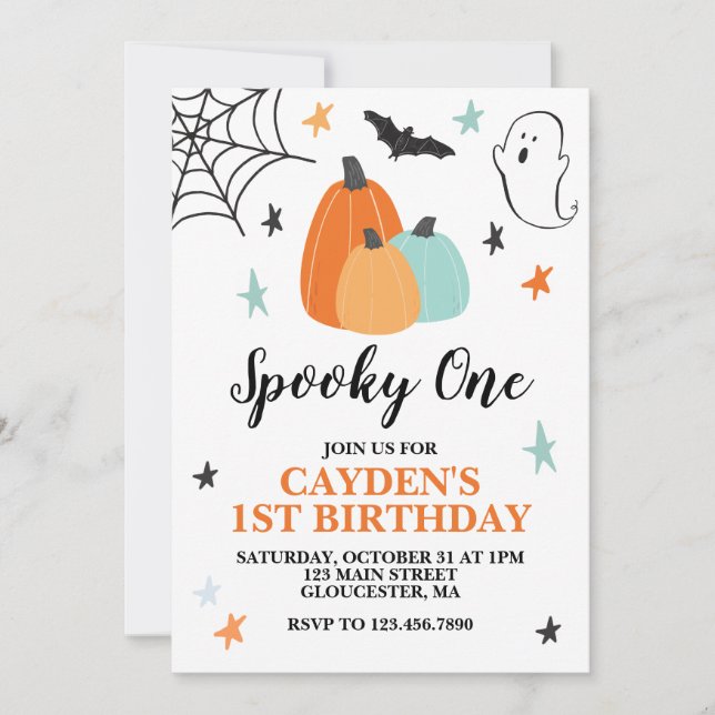 Halloween Spooky One 1st Birthday Blue Pumpkins Invitation (Front)