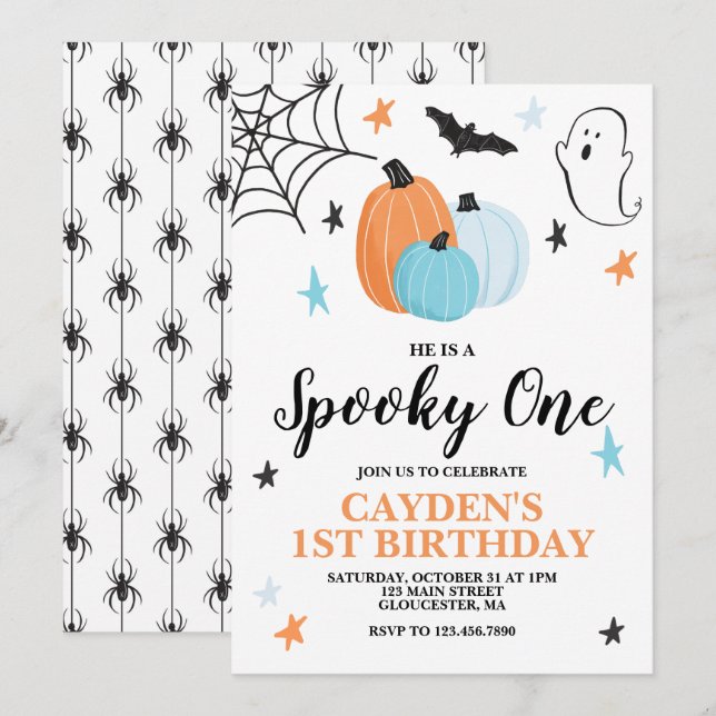 Halloween Spooky One 1st Birthday Blue Pumpkins Invitation (Front/Back)