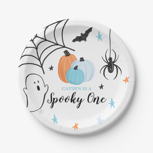 Halloween Spooky One Birthday Blue Pumpkins Paper Plates (Front)