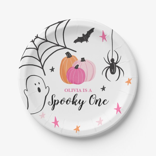 Halloween Spooky One Birthday pink Pumpkins Paper Plates (Front)