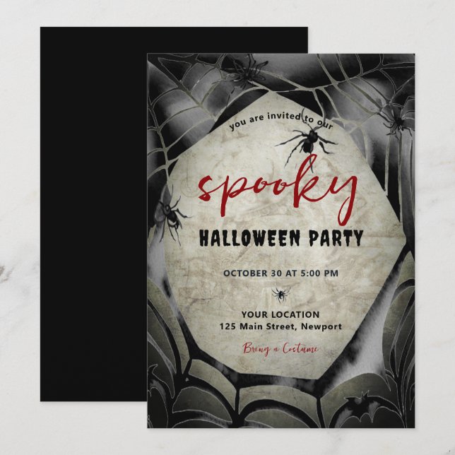 Halloween Spooky Party Spider Spiderweb Black Red Invitation (Front/Back)