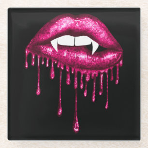 HALLOWEEN SPOOKY PINK DRIPPING VAMPIRE LIPS GLASS COASTER