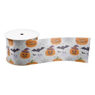 Halloween Spooky Pumpkin Bats Ghost Pattern Satin Ribbon