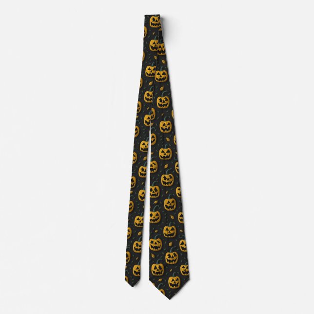 Halloween spooky pumpkin cartoon dark contrast neck tie (Back)