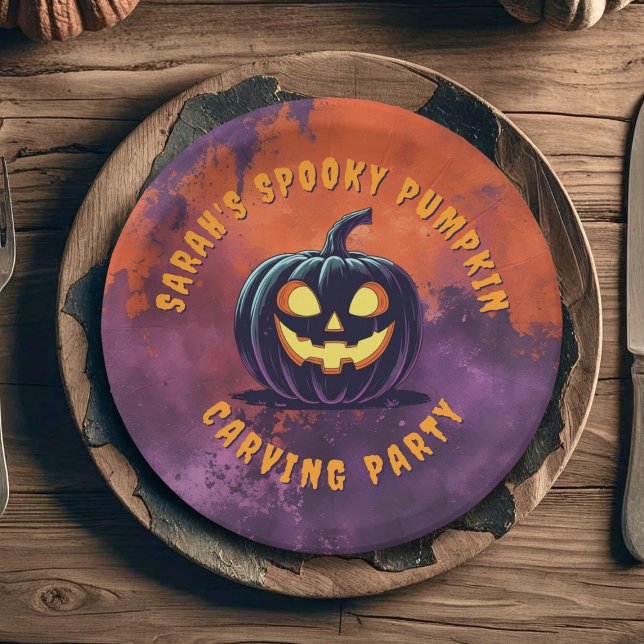 Halloween Spooky Pumpkin Party Paper Plates (Spooky Pumpkin Carving Party Paper plate just for you. Add you party details)