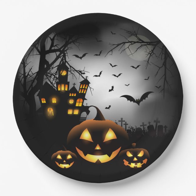 Halloween - Spooky Pumpkins Grey Moon - All Opt Paper Plates (Front)