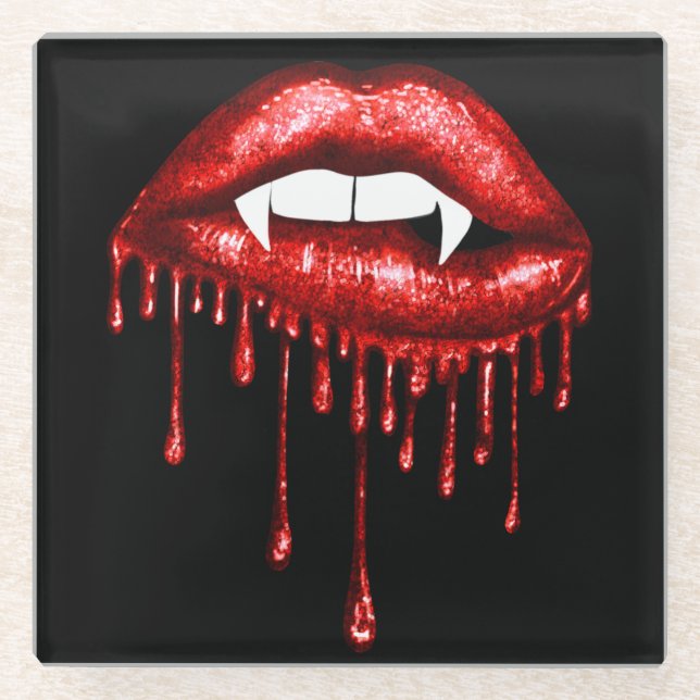 HALLOWEEN SPOOKY RED DRIPPING VAMPIRE LIPS GLASS COASTER (Front)