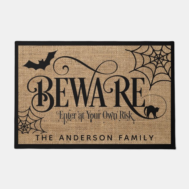 Halloween Spooky Rustic Country Burlap BEWARE Doormat (Front)