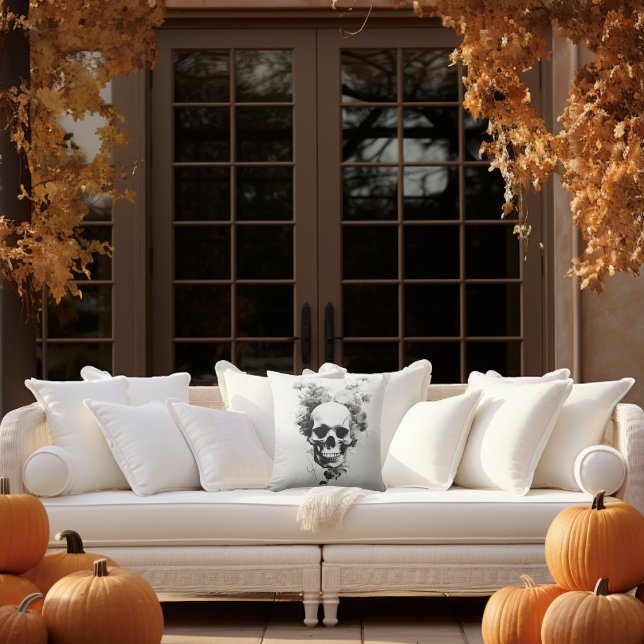 Halloween Spooky Scary Botanical Skull Outdoor Pillow (Enchant your Autumn Decor with our Spooky Botanical Skull Pillow. #Halloween #OutdoorDecor)