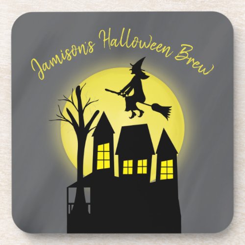 Halloween Spooky Scary Moonlight Flying Witch Beverage Coaster