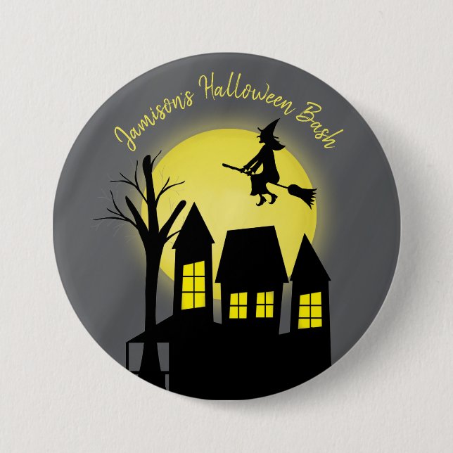 Halloween Spooky Scary Moonlight Flying Witch Button (Front)