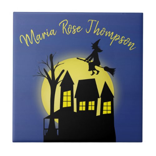 Halloween Spooky Scary Moonlight Flying Witch Ceramic Tile