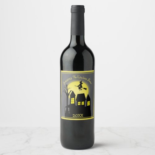 Halloween Spooky Scary Moonlight Flying Witch Wine Label