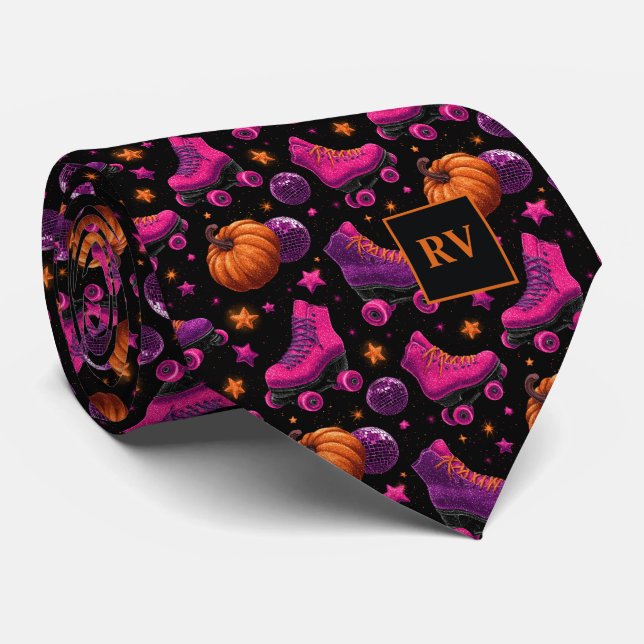 Halloween Spooky Skate Night Monogrammed Neck Tie (Rolled)