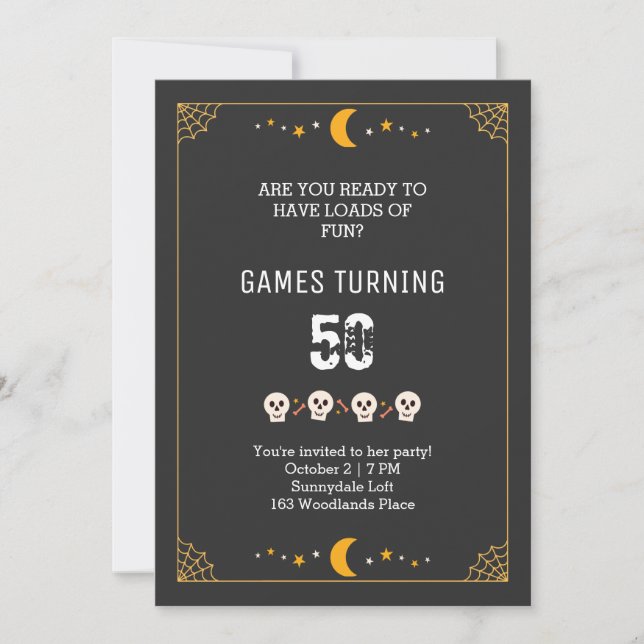 Halloween spooky skulls black 50th birthday invitation (Front)