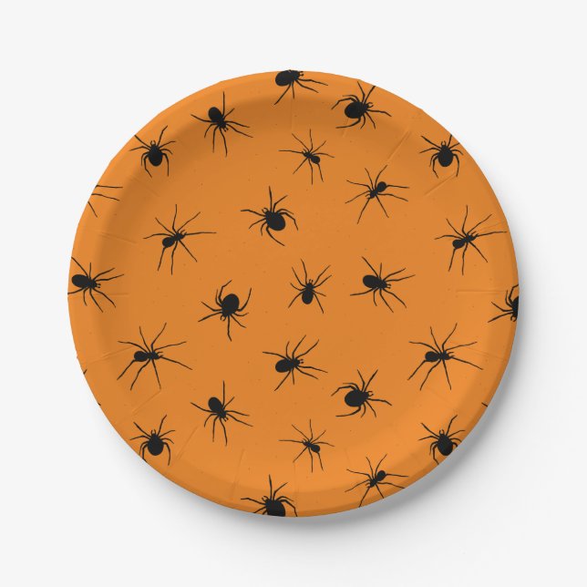 Halloween Spooky Spiders Orange Party Paper Plates (Front)