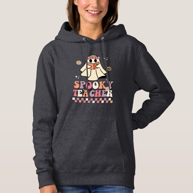 Halloween Spooky Teacher Retro Groovy Typography Hoodie (Front)