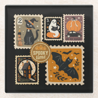 Halloween Spooky Time Postal Stamps Ghosts Bat Cat Glass Coaster