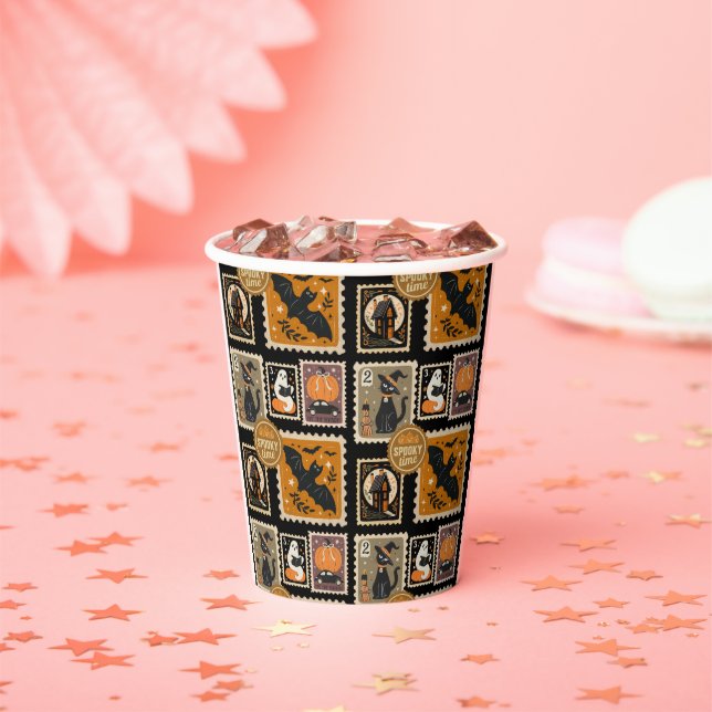 Halloween Spooky Time Postal Stamps Ghosts Bat Cat Paper Cups (Insitu)