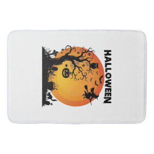 Halloween Spooky Tree Flying Witch Orange Moon Bla Bath Mat