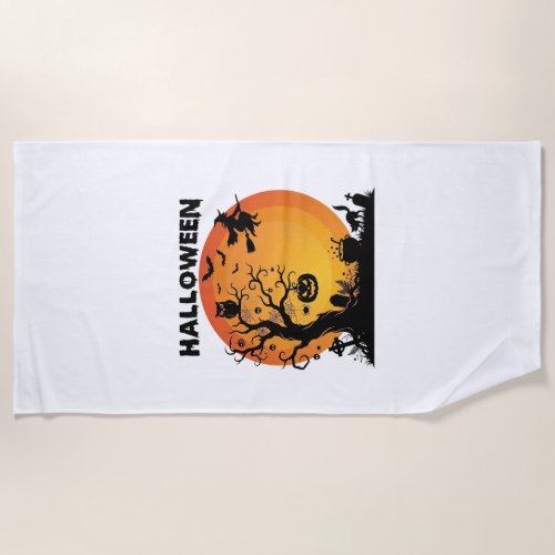 Halloween Spooky Tree Flying Witch Orange Moon Bla Beach Towel